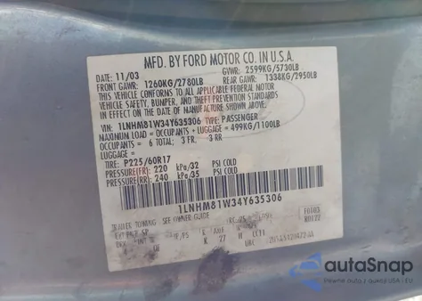 2004 Lincoln Town Car Signature from USA, damaged, VIN 1LNHM81W34Y635306